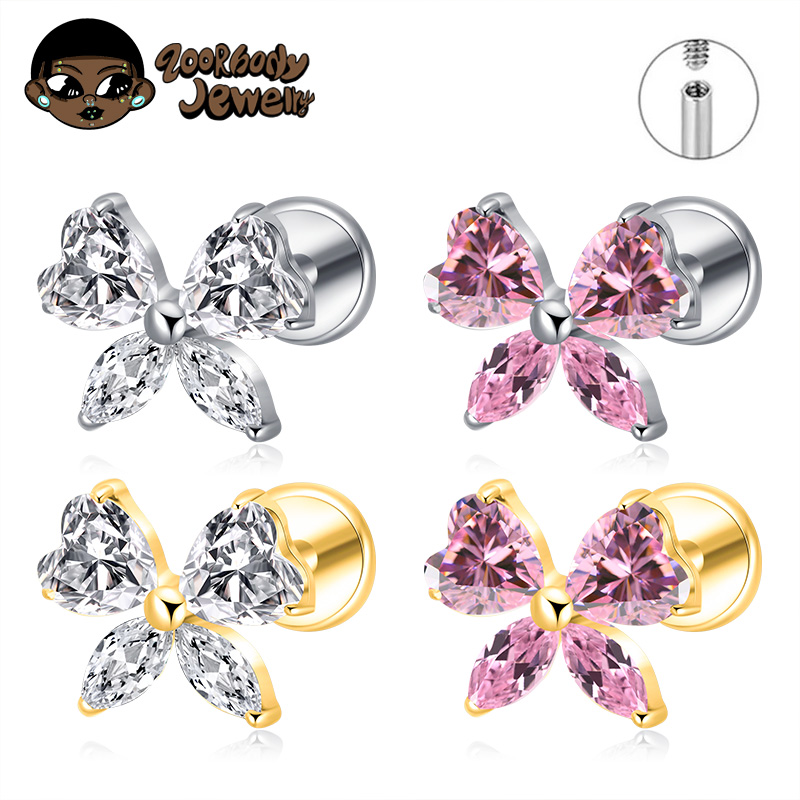 Zoor Body Jewelry - ต่างหู ASTM F136 ไทเทเนียมรูปหัวใจประดับเพชร CZ แบบโบว์