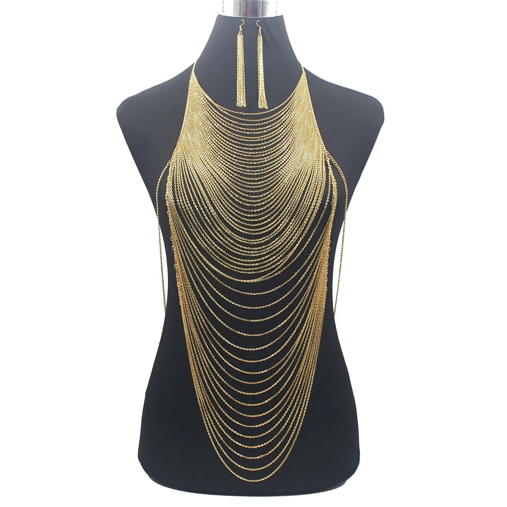 Body Jewelry Materials - แฟชั่นเซ็กซี่เงางามหรูหราลำตัวสีทองสายโซ่ทั้งตัวสร้อยคอสายรัดทาสชุดชั้นในเครื่องประดับเอว2024ใหม่