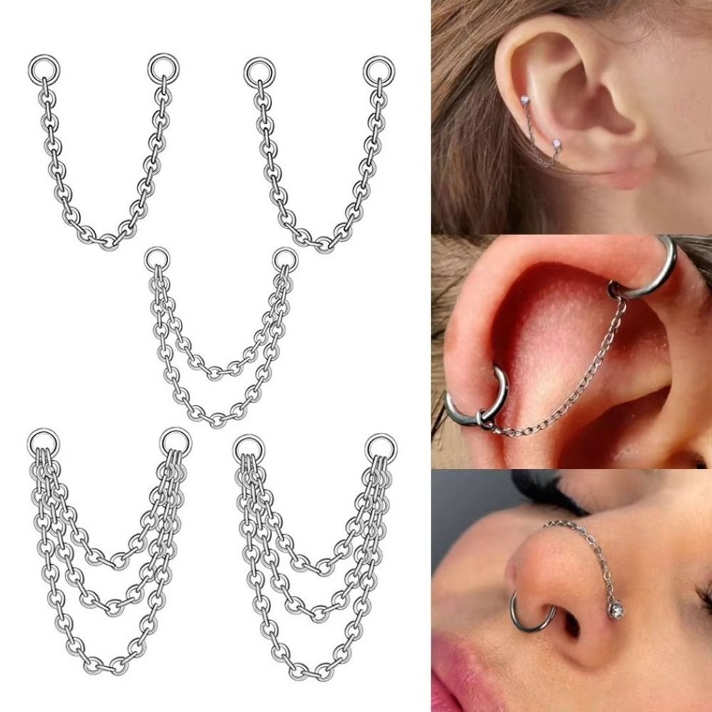 Body Jewelry Ear Piercing - โซ่จมูกไทเทเนียม 3 ชั้น โซ่คู่ โซ่รูจมูก DIY