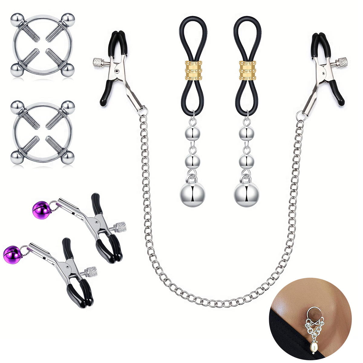 Body Jewelry Nipple Chain - แหวนหัวนมปลอมทำจากสเตนเลสสตีลของผู้ชายห่วงโซ่ตกแต่งรูปกระดิ่งดอกไม้ห่วงหัวนมปลอมเครื่องประดับร่างกายแบบไม่เจาะ1ชุด