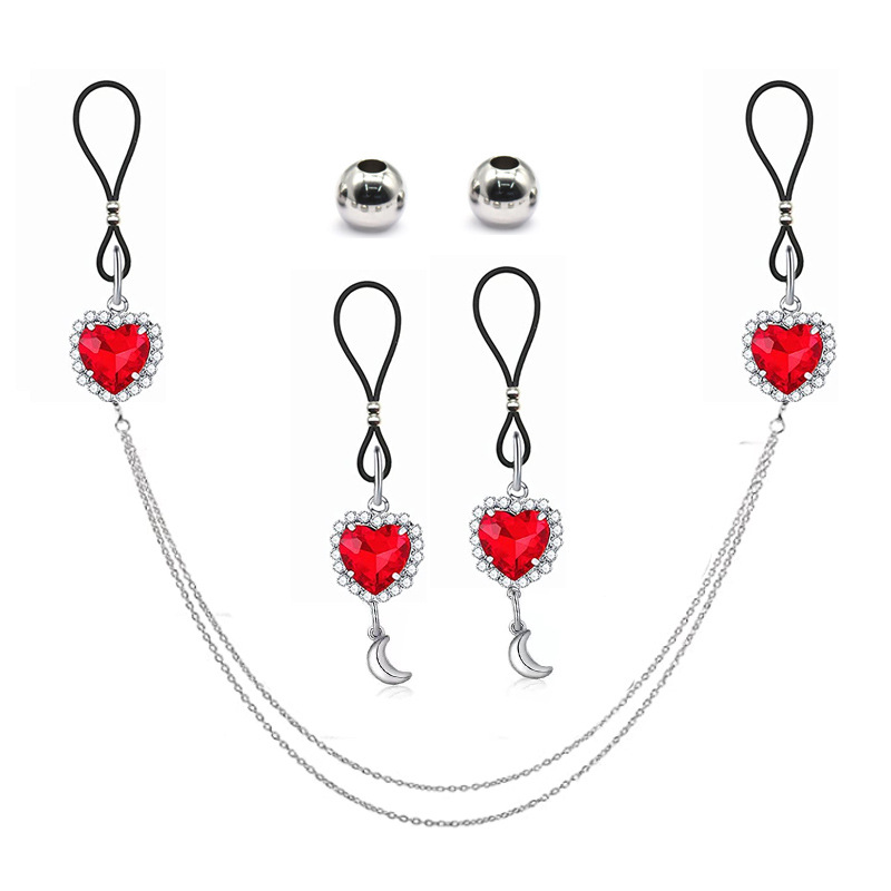 Body Jewelry Nipple Chain - เครื่องประดับร่างกายแบบไม่เจาะ แหวนหนีบหัวนมแบบปรับได้ พร้อมจี้รูปหัวใจสำหรับผู้หญิง สายคล้องหัวนม เครื่องประดับแฟชั่นแบบเจาะปลอม
