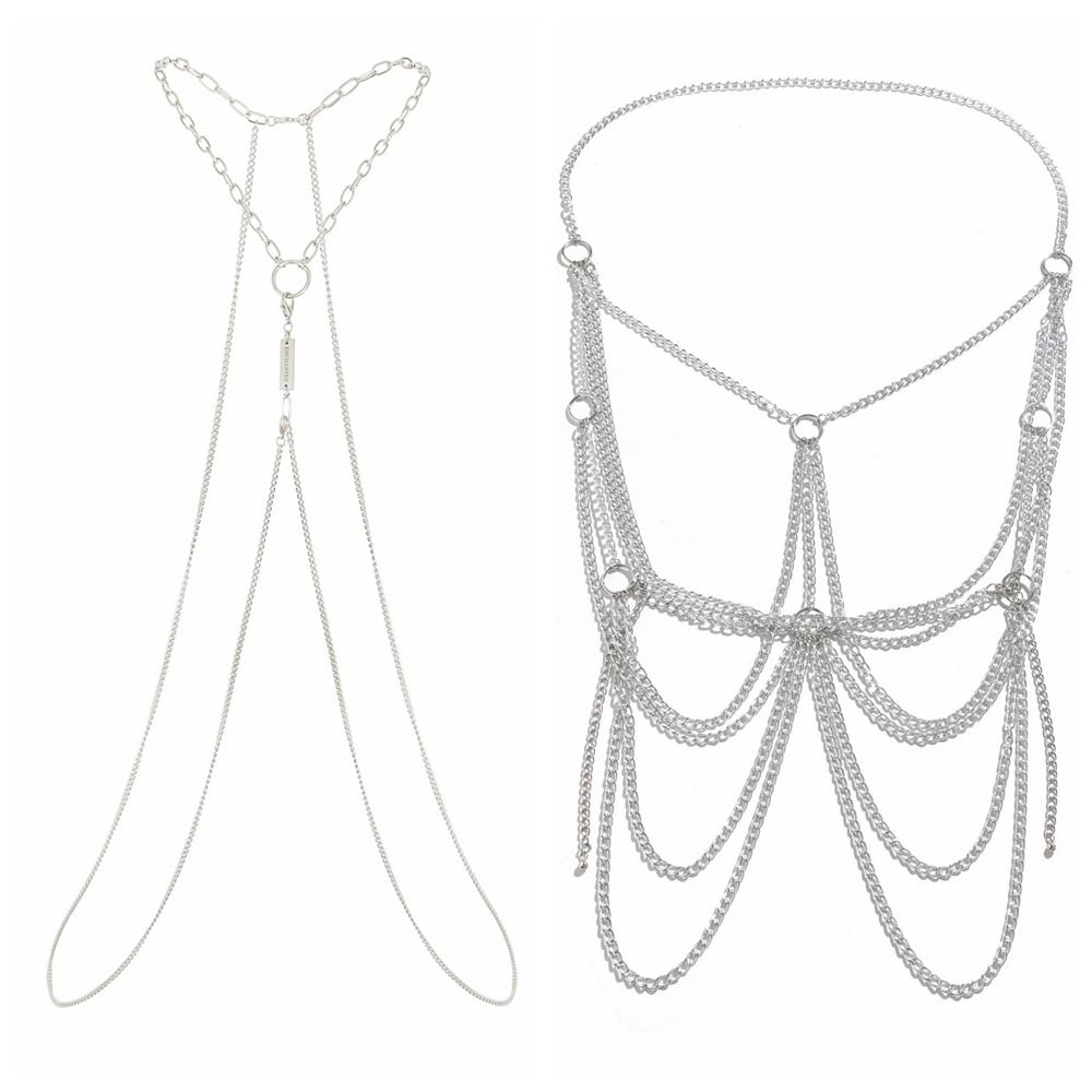 Body Jewelry Materials - โซ่คล้องคอแบบพังก์ สไตล์ฮอลเตอร์ วัสดุอะลูมิเนียม ตกแต่งพู่โลหะสีเงิน โซ่วงกลมหลายชั้น โซ่ไขว้
