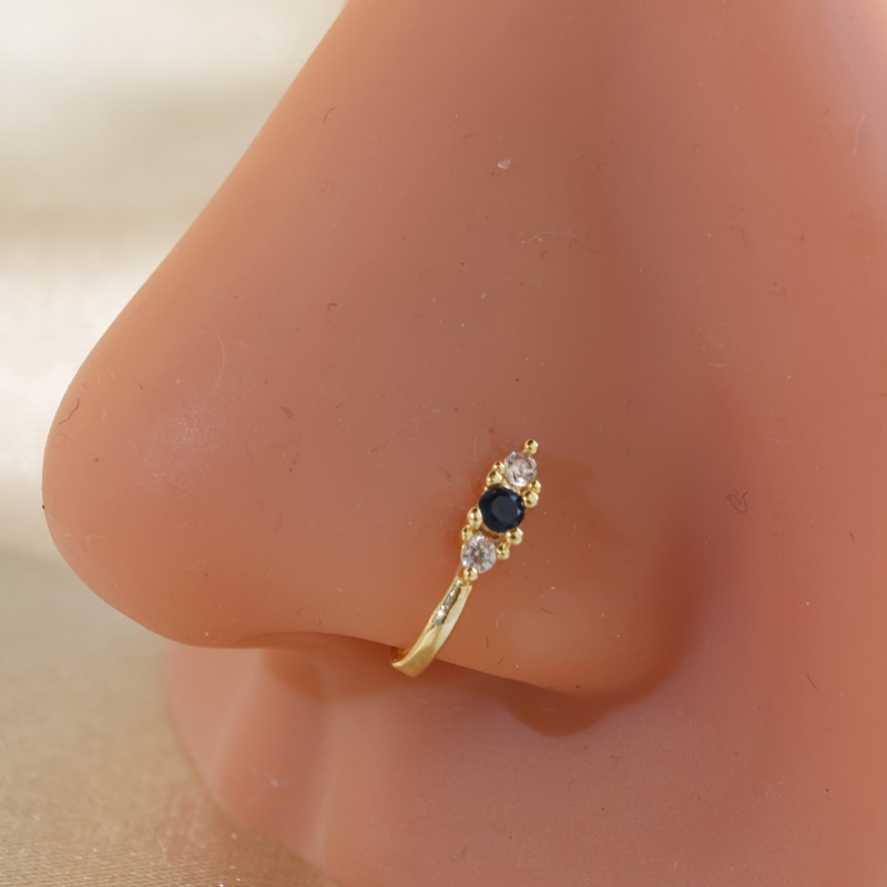 Body Jewelry Materials - ชุดคลิปหนีบจมูกเพทายสีน้ำเงิน 1 ชิ้น ทำจากวัสดุทองเหลือง แหวนจมูกแบบไม่เจาะสไตล์โบฮีเมียนย้อนยุคสำหรับผู้หญิง