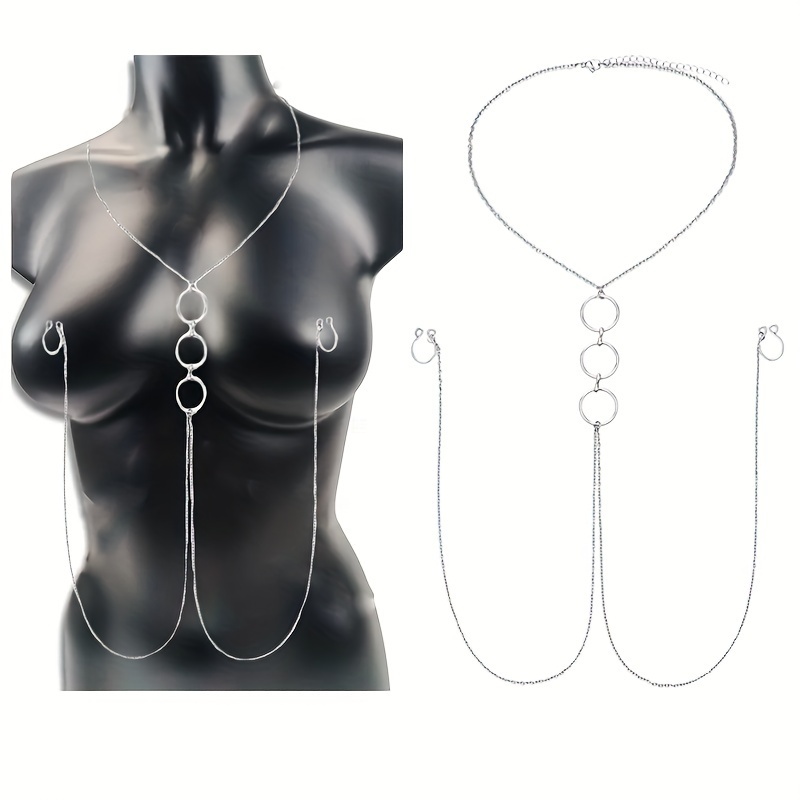 Body Jewelry Nipple Chain - สร้อยคอสแตนเลสสีเงินพร้อมแหวนจุกนมและโซ่แบบเซ็กซี่ แหวนจุกนมปลอม เครื่องประดับสำหรับผู้หญิง