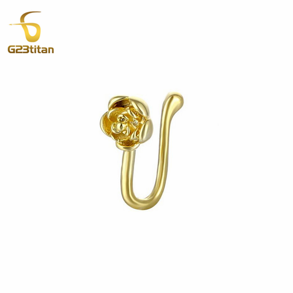 Body Jewelry Ear Piercing - คลิปหนีบจมูกคริสตัลทองแดงรูปดอกกุหลาบ 1 ชิ้น แบบปลอม ไม่ต้องเจาะ สีทอง