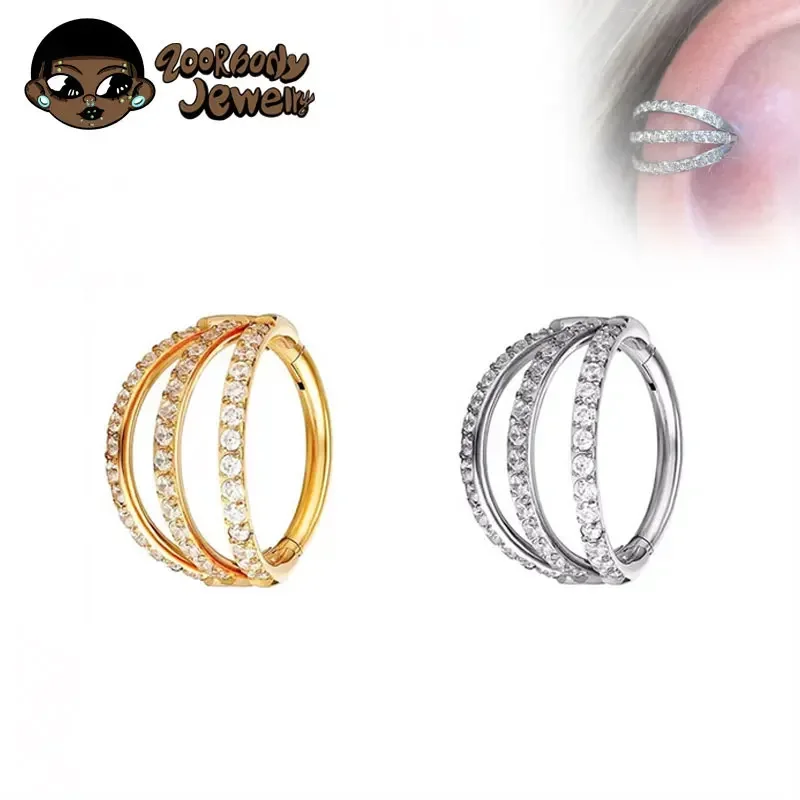 Zoor Body Jewelry - G23 ไทเทเนียมบานพับ Segment แหวนจมูกสามชั้น CZ Septum