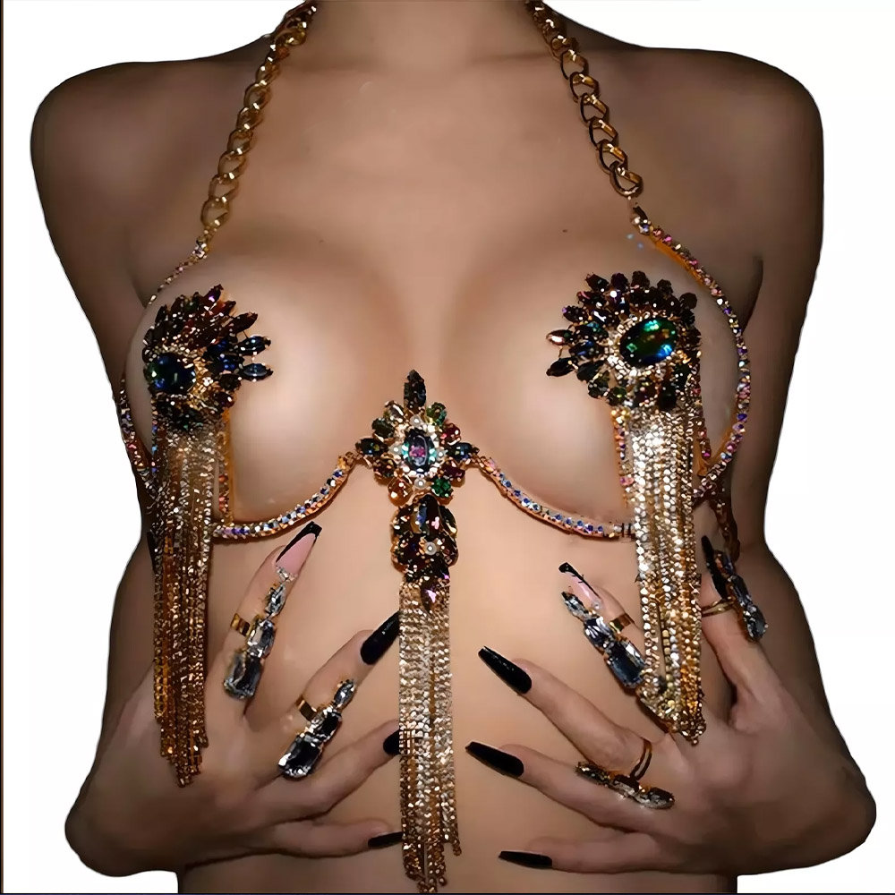 Body Jewelry Nipple Chain - เซ็กซี่พู่สีคริสตัลสร้อยคอสร้อยคอผู้หญิงอุปกรณ์บิกินี่ประกาย Rhinestone Bra Body CHAIN Beach
