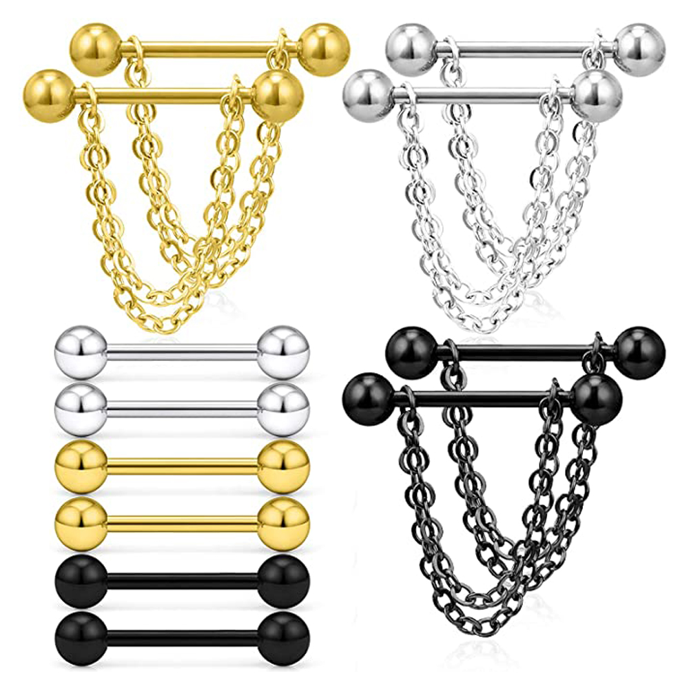 Body Jewelry Nipple Chain - 6คู่แหวนจุกนมเหล็กผ่าตัด14G Chain Dangle Nipple Shield Barbell